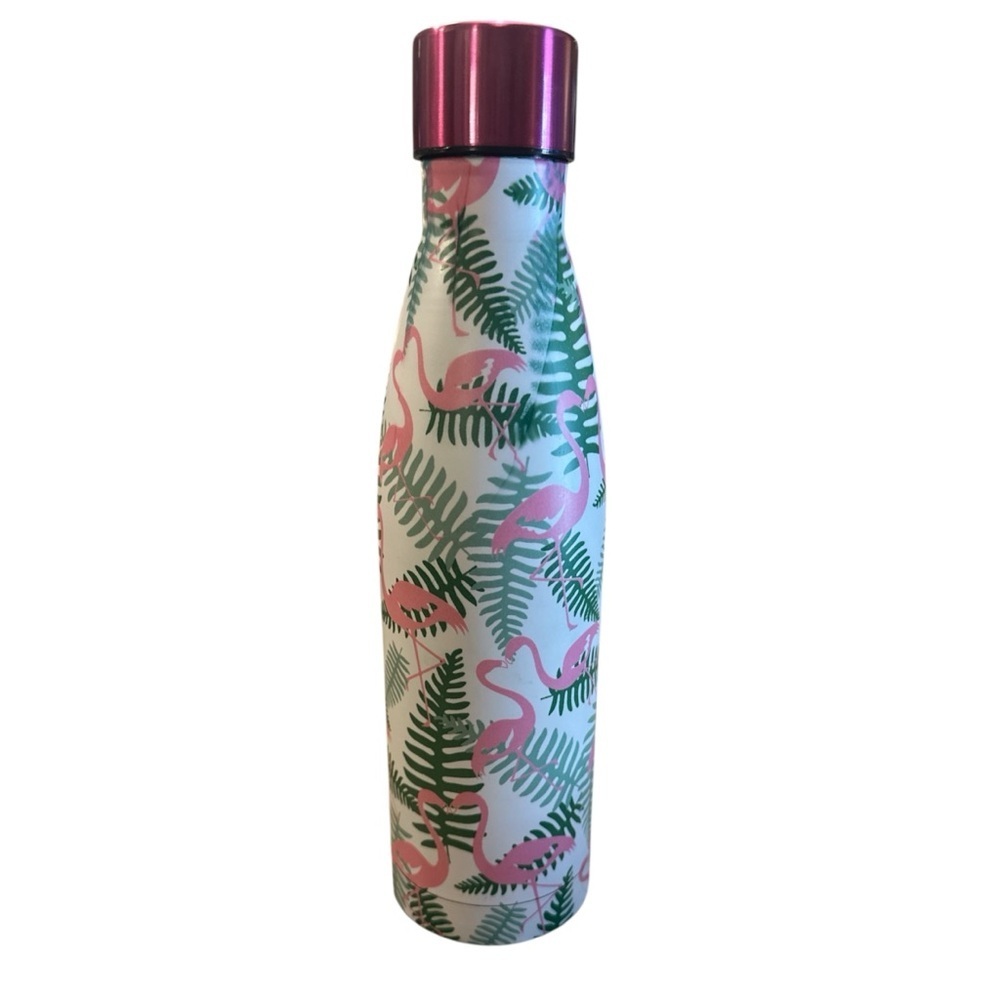 Insulated Metal Water Bottle Flamingo Pink Green Double Wall Screw Top Lid